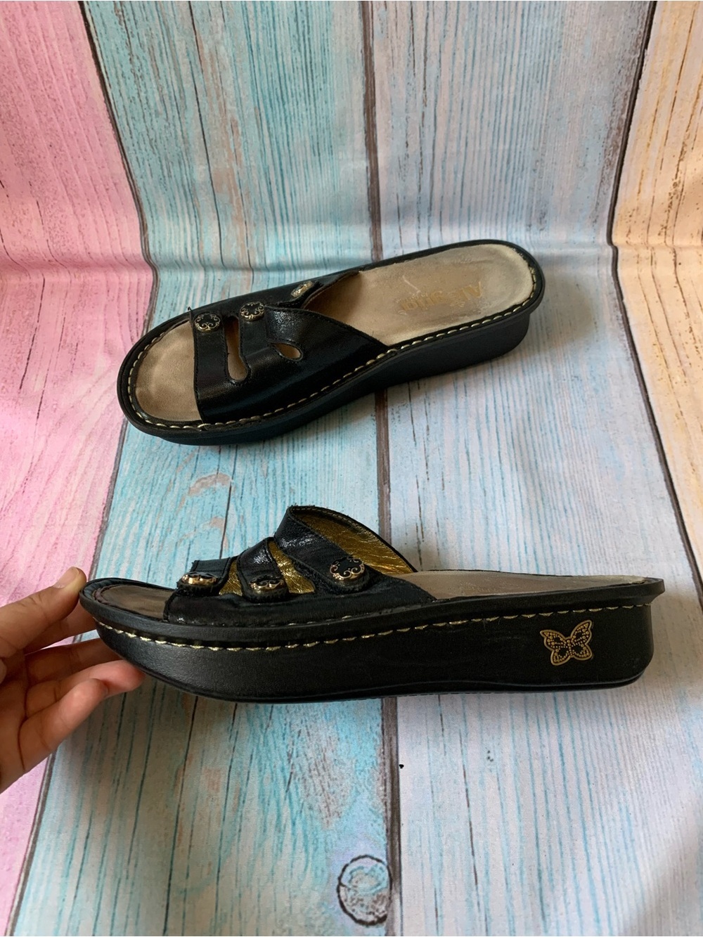 Alegria Black Women's Slide Sandals with Decorative Buttons - Picture 7 of 10